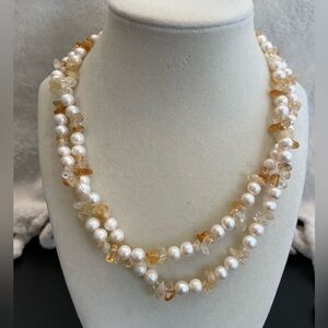 18” natural pearls and citrine necklace. New. Double strand